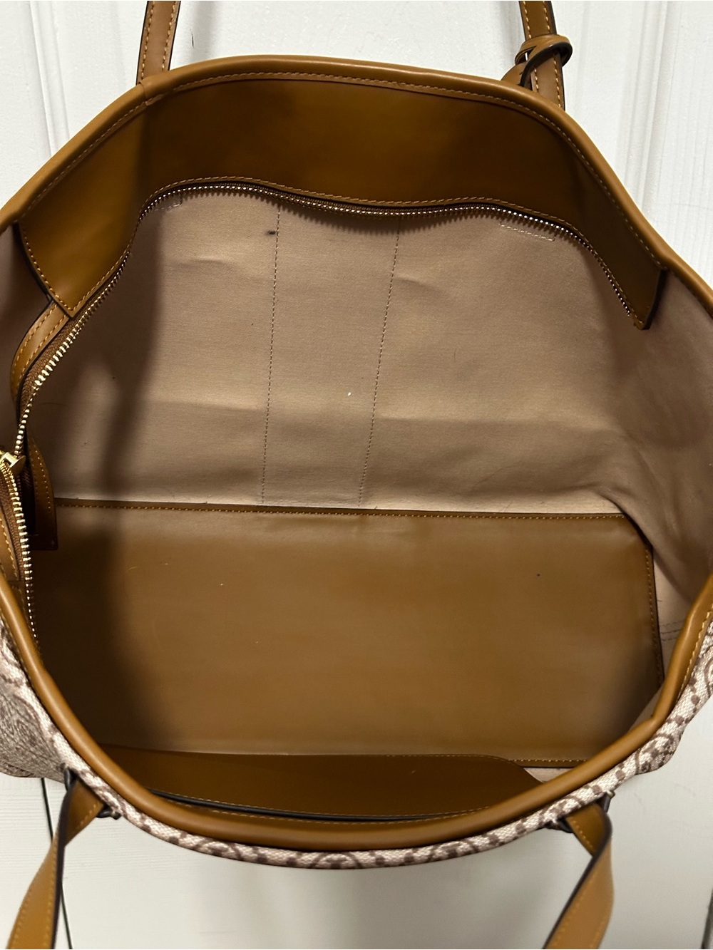 Tory Burch T Monogram Coated Canvas Tote Bag in Color Granola VGUC - Picture 5 of 13